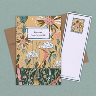 View ‘Almanac: Twelve Poems for 2024’ group shot Group image of the Almanac: Twelve Poems for 2024 poetry pamphlet on a decorative background