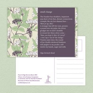 View ‘Ten Poems of Kindness: Volume One’ postcard Postcard included with the Ten Poems of Kindness: Volume One poetry pamphlet on a decorative background