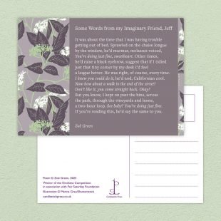 View ‘Ten Poems of Kindness: Volume One’ postcard Postcard included with the Ten Poems of Kindness: Volume One poetry pamphlet on a decorative background