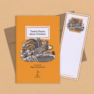 Group image of the Twelve Poems about Chickens poetry pamphlet on a decorative background