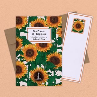 Group image of the Ten Poems of Happiness poetry pamphlet on a decorative background