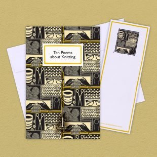View ‘Ten Poems about Knitting’ group shot Group image of the Ten Poems about Knitting poetry pamphlet on a decorative background