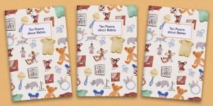 Three front covers of the Ten Poems about Babies poetry pamphlet on a decorative background