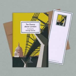 Group image of the Ten Poems about London poetry pamphlet on a decorative background