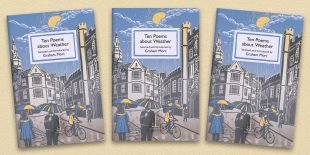 Three front covers of the Ten Poems about Weather poetry pamphlet on a decorative background