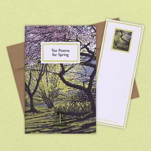 Group image of the Ten Poems for Spring poetry pamphlet on a decorative background