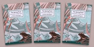 Three front covers of The Spring Pond poetry pamphlet on a decorative background