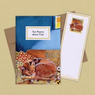 Group image of the Ten Poems about Cats poetry pamphlet on a decorative background