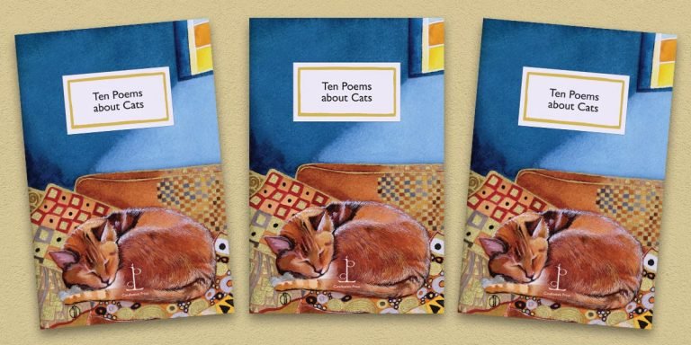 Three front covers of Ten Poems about Cats poetry pamphlet on a decorative background