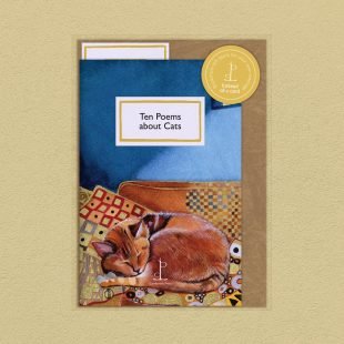 Pack image of the Ten Poems about Cats poetry pamphlet on a decorative background