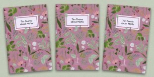 Three front covers of Ten Poems about Herbs poetry pamphlet on a decorative background