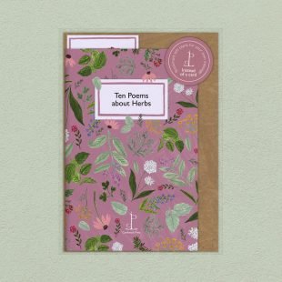 Pack image of the Ten Poems about Herbs poetry pamphlet on a decorative background