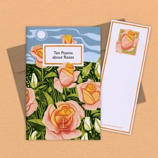 Group image of the Ten Poems about Roses poetry pamphlet on a decorative background