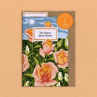 Pack image of the Ten Poems about Roses poetry pamphlet on a decorative background