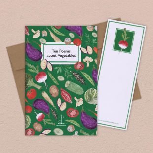 Group image of the Ten Poems about Vegetables poetry pamphlet on a decorative background