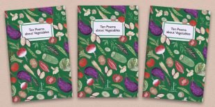 Three front covers of Ten Poems about Vegetables poetry pamphlet on a decorative background