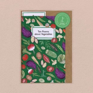 Pack image of the Ten Poems about Vegetables poetry pamphlet on a decorative background