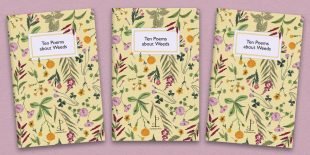 Three front covers of Ten Poems about Weeds poetry pamphlet on a decorative background