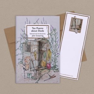 View ‘Ten Poems about Sheds’ group shot Group image of the Ten Poems about Sheds poetry pamphlet on a decorative background