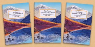 Three front covers of Ten Poems from the Lake District poetry pamphlet on a decorative background