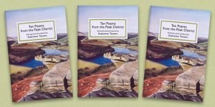 Three front covers of Ten Poems from the Peak District poetry pamphlet on a decorative background