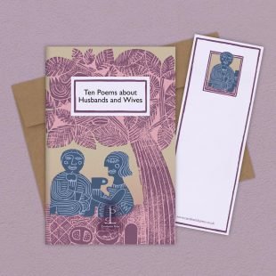 Group image of the Ten Poems about Husbands and Wives poetry pamphlet on a decorative background
