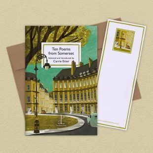 Group image of the Ten Poems from Somerset poetry pamphlet on a decorative background