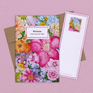 View ‘Almanac: Twelve Poems for 2026’ group shot Group image of the Almanac: Twelve Poems for 2026 poetry pamphlet on a decorative background