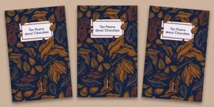 Three front covers of The Ten Poems about Chocolate poetry pamphlet on a decorative background