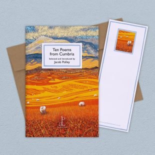 Group image of the Ten Poems from Cumbria poetry pamphlet on a decorative background