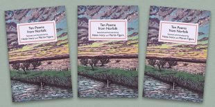 Three front covers of The Ten Poems from Norfolk poetry pamphlet on a decorative background