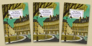 Three front covers of The Ten Poems from Somerset poetry pamphlet on a decorative background