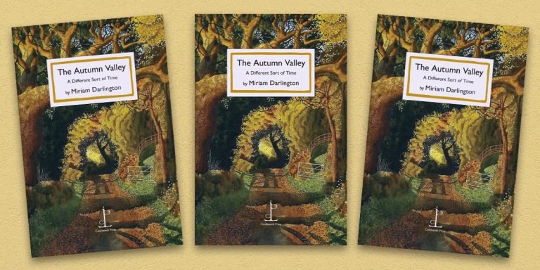 Three front covers of The Autumn Valley poetry pamphlet on a decorative background