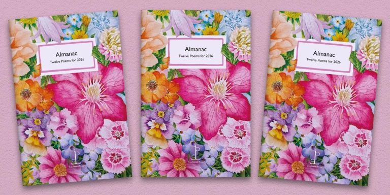 Three front covers of the Almanac 2026 poetry pamphlet on a decorative background