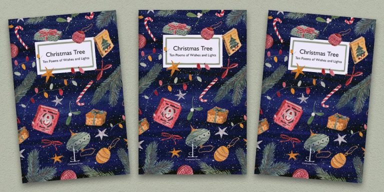 Three front covers of the Christmas Tree poetry pamphlet on a decorative background