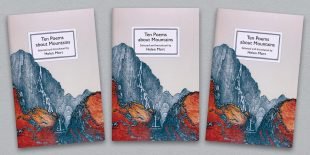 Three front covers of the Ten Poems about Mountains poetry pamphlet on a decorative background