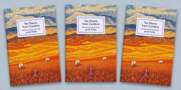 Three front covers of the Ten Poems from Cumbria poetry pamphlet on a decorative background