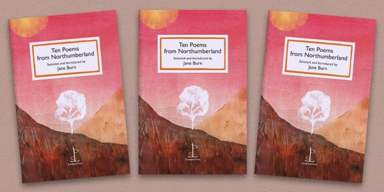 Three front covers of the Ten Poems from Northumberland poetry pamphlet on a decorative background