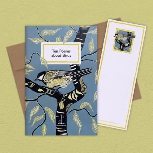 Group image of the Ten Poems about Birds poetry pamphlet on a decorative background